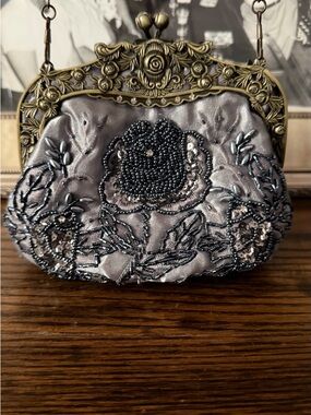 Embellished Silver Evening Clutch with Floral Beading